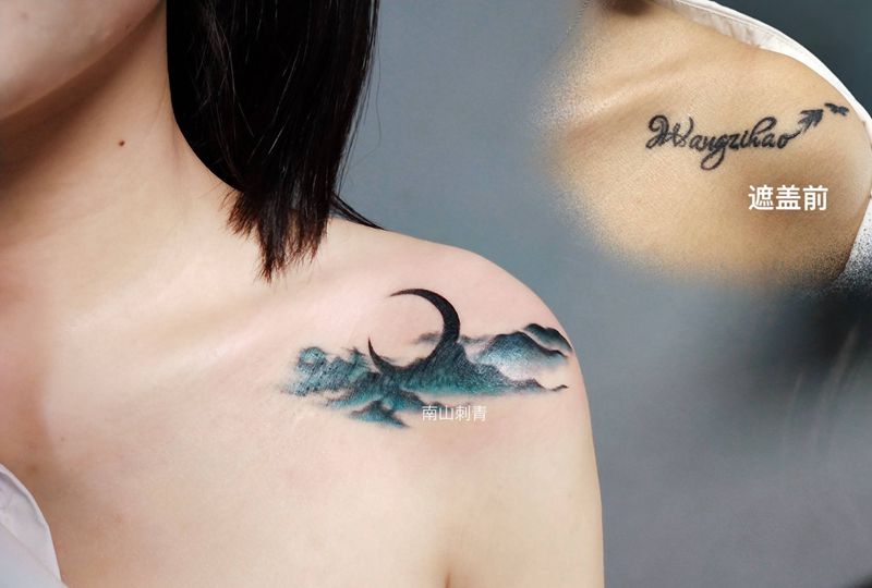 暴力盖纹身图片_肩部胸部水彩水墨纹身图案