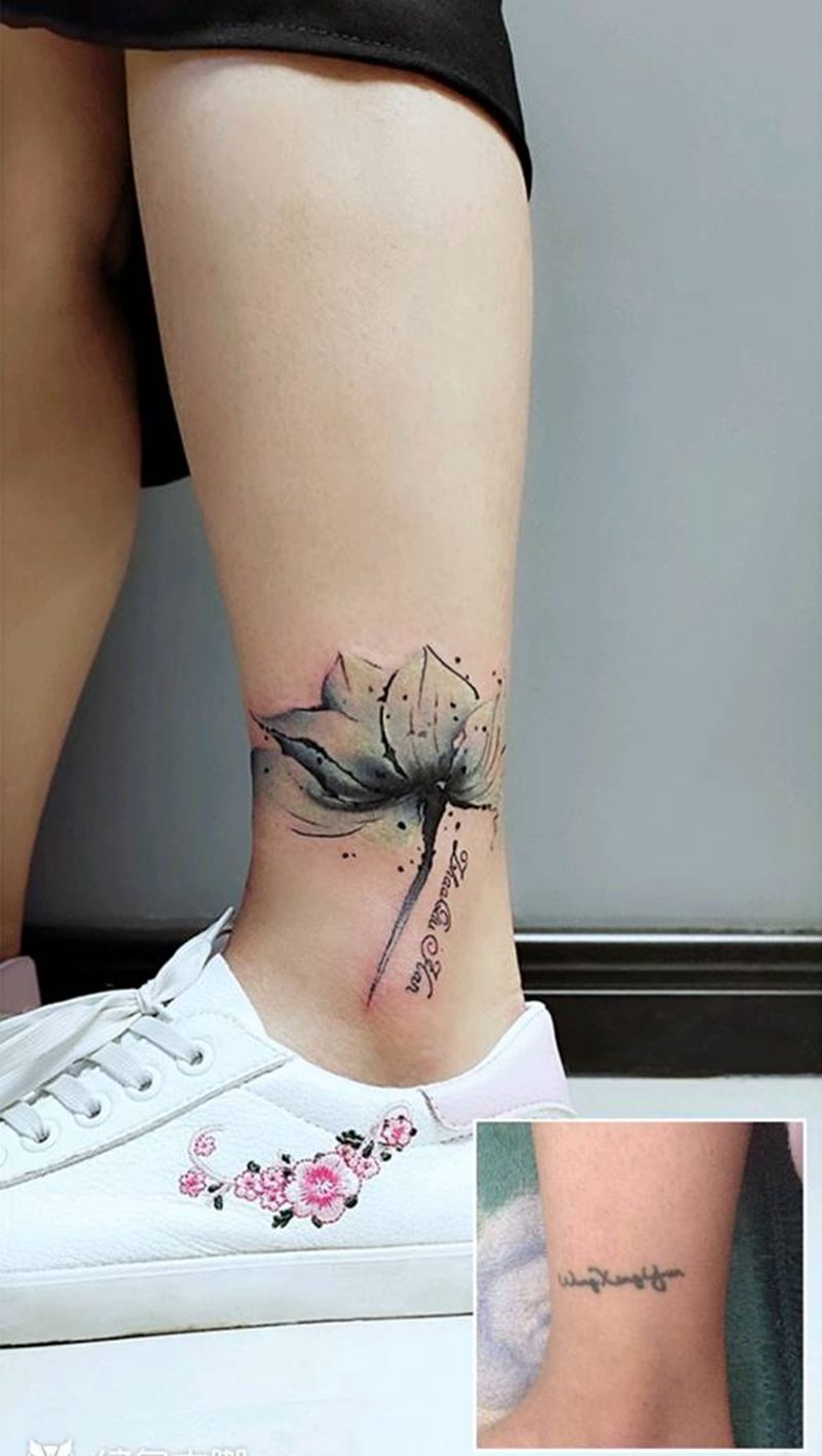 遮盖纹身图片_脚部腿部水彩水墨纹身图案