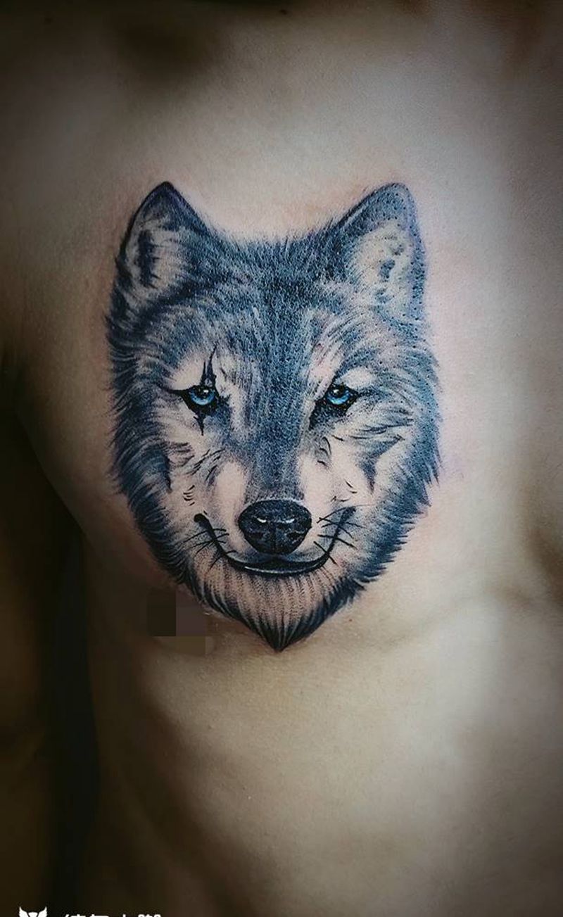 狼纹身图片_胸部臀部欧美写实点刺纹身图案