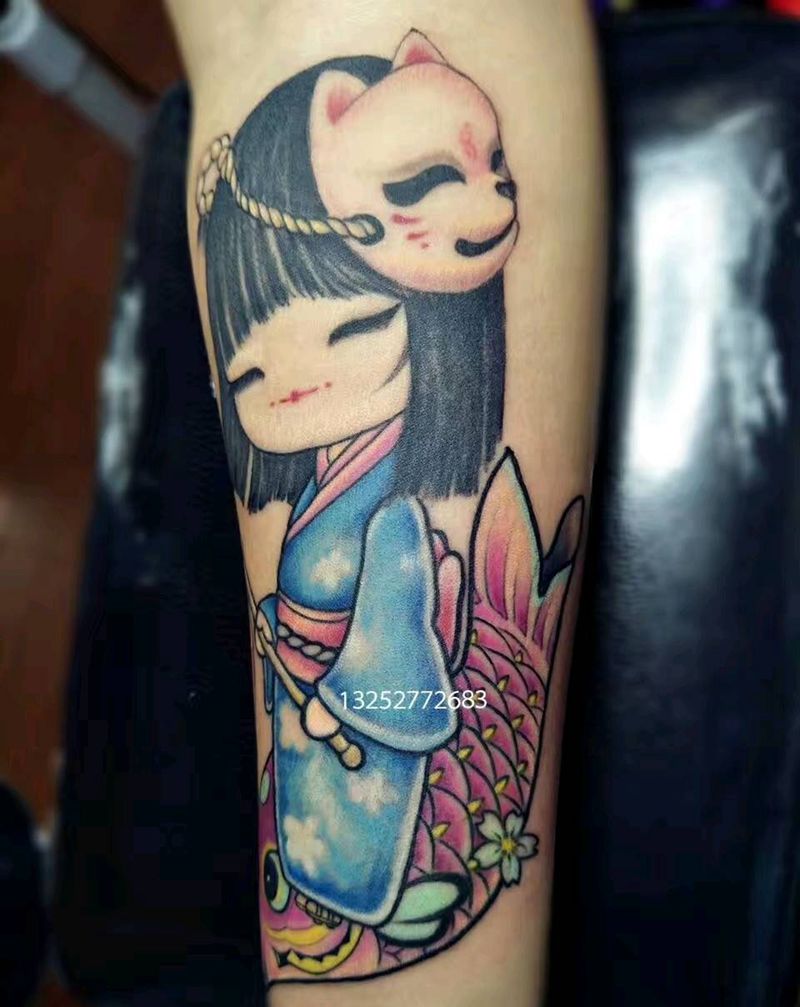 日式小姑娘纹身图片_手臂腿部新传统老传统手臂小姑娘纹身图案