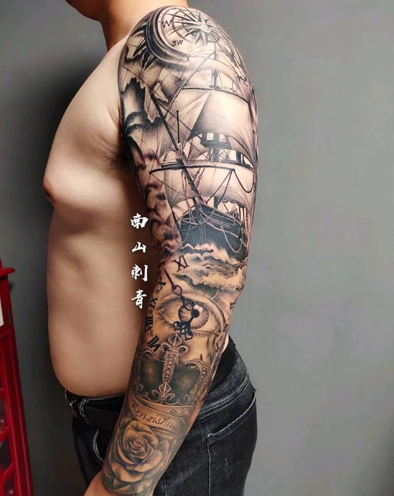 花臂纹身图片_手臂腿部欧美写实新传统写实花臂纹身图案