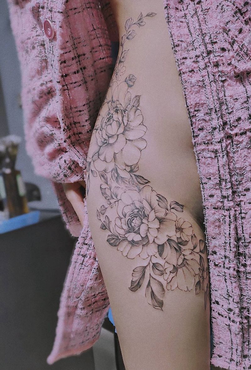 素花纹身图片_臀部腿部点刺几何纹身图案