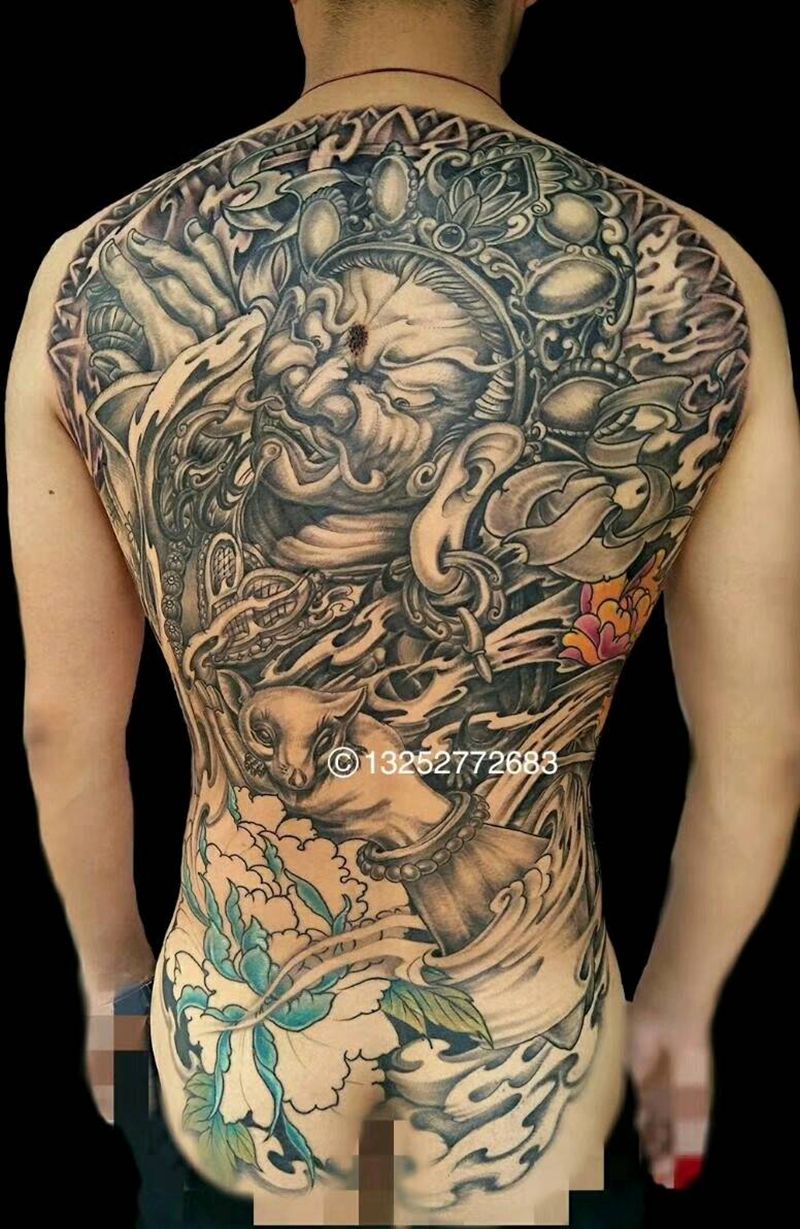 黄财神纹身图片_背部胸部老传统新传统黄财神纹身图案