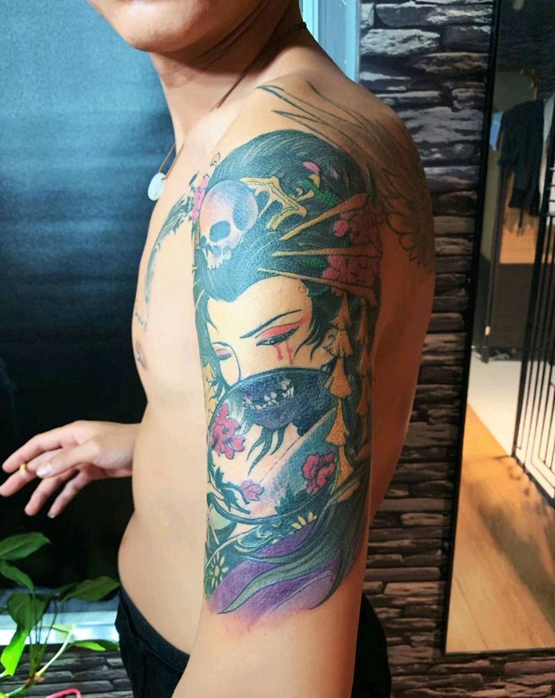 艺伎纹身图片_手臂新传统纹身图案