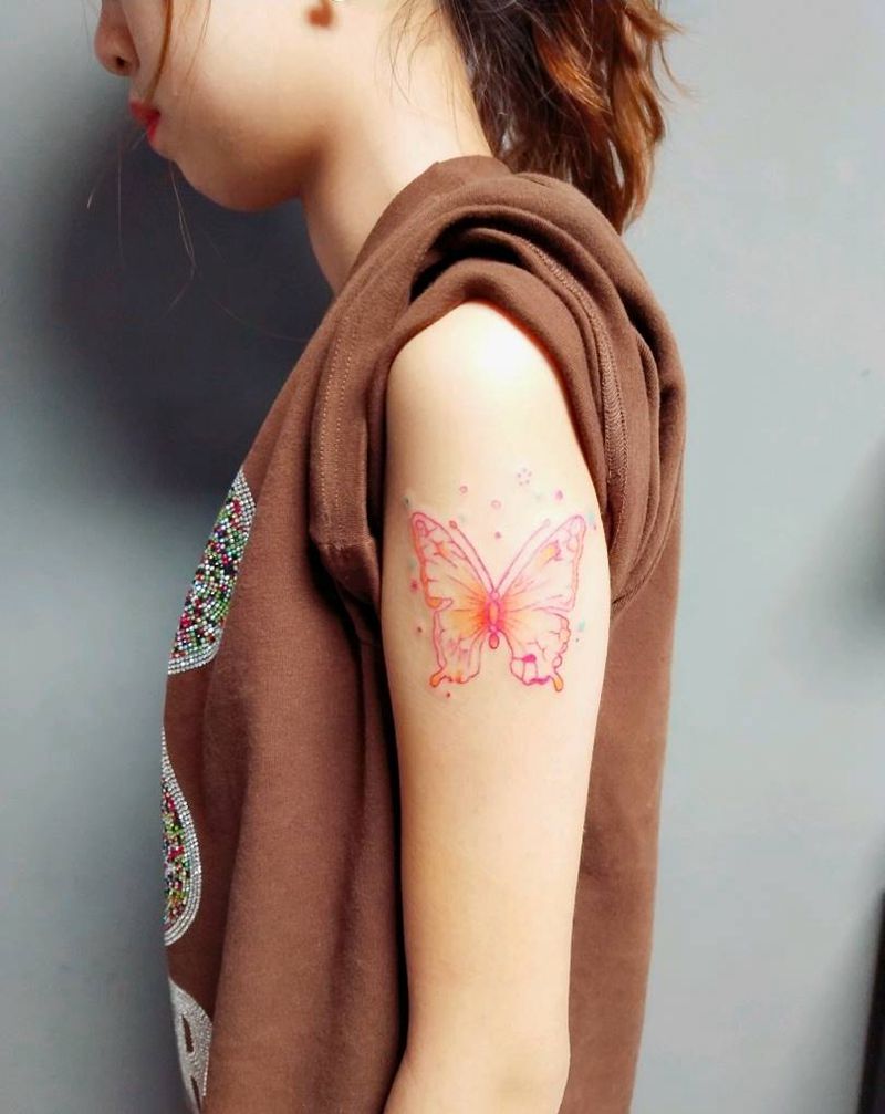 化蝶纹身图片_手臂肩部水彩水墨纹身图案