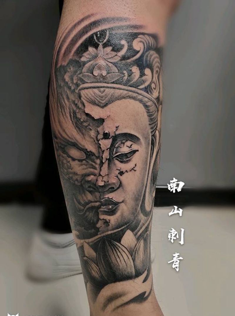 一念之间+佛手纹身图片_腿部手臂老传统新传统纹身图案