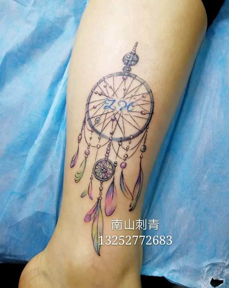 捕梦网纹身图片_脚部腿部水彩水墨纹身图案