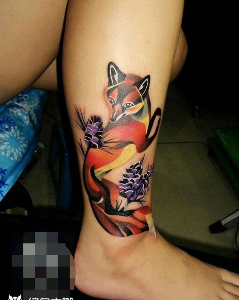 彩色狐狸纹身图片_腿部手臂New School水彩女师鲅鱼圈悦染馆纹身图案