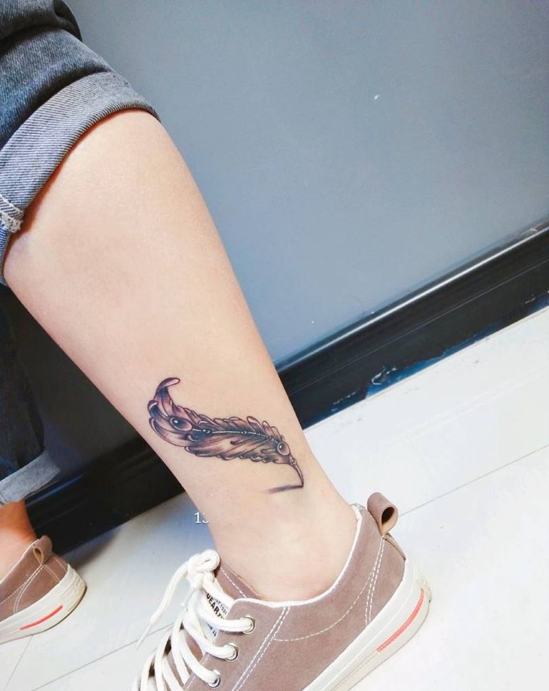 羽毛纹身图片_脚部腿部点刺图腾纹身图案