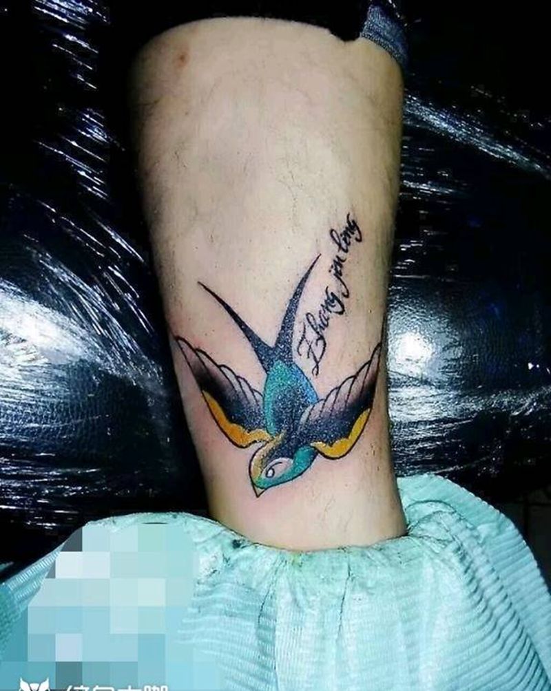 彩色燕子纹身图片_腿部脚部Old SchoolNew School女师鲅鱼圈悦染馆纹身图案