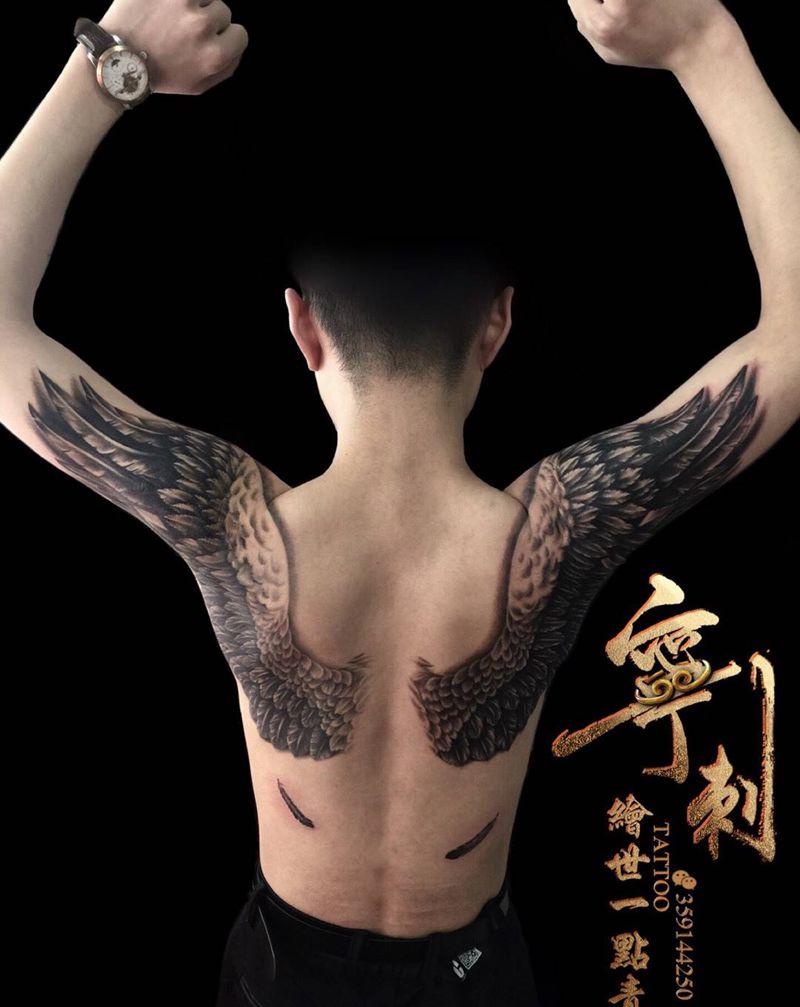 天翼纹身图片_欧美成品手臂背部写实原创纹身图案