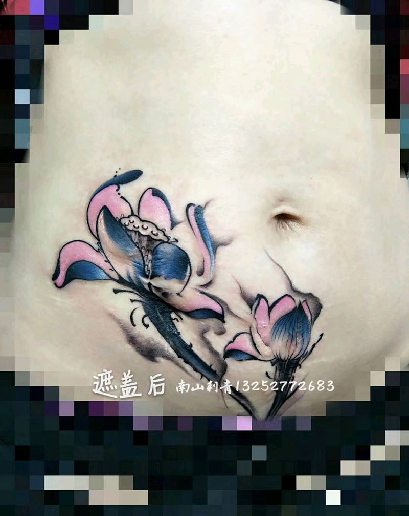 遮盖疤痕纹身图片_腹部臀部老传统新传统纹身图案
