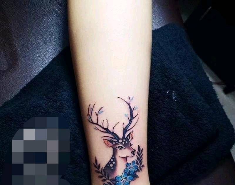 小清新鹿纹身图片_腿部手臂New School水彩悦染馆鲅鱼圈女师纹身图案