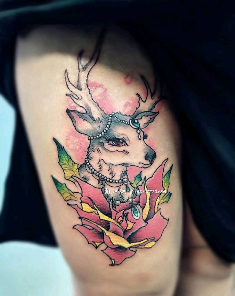 小鹿纹身图片_臀部腿部Old SchoolNew School纹身图案