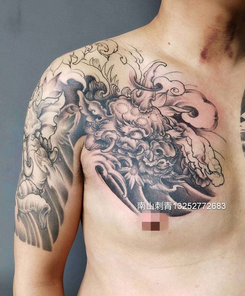 半甲（未完）纹身图片_肩部胸部老传统新传统纹身图案