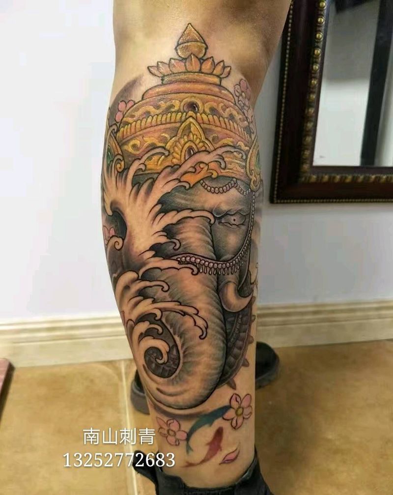 象神纹身图片_腿部脚部老传统新传统纹身图案