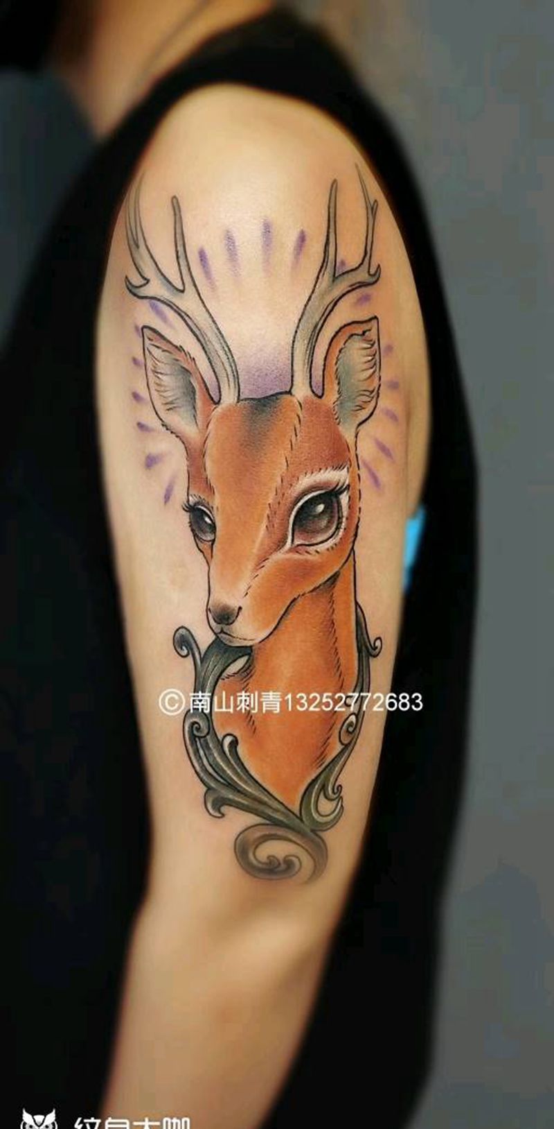 小鹿纹身图片_手臂肩部Old SchoolNew School小鹿纹身图案