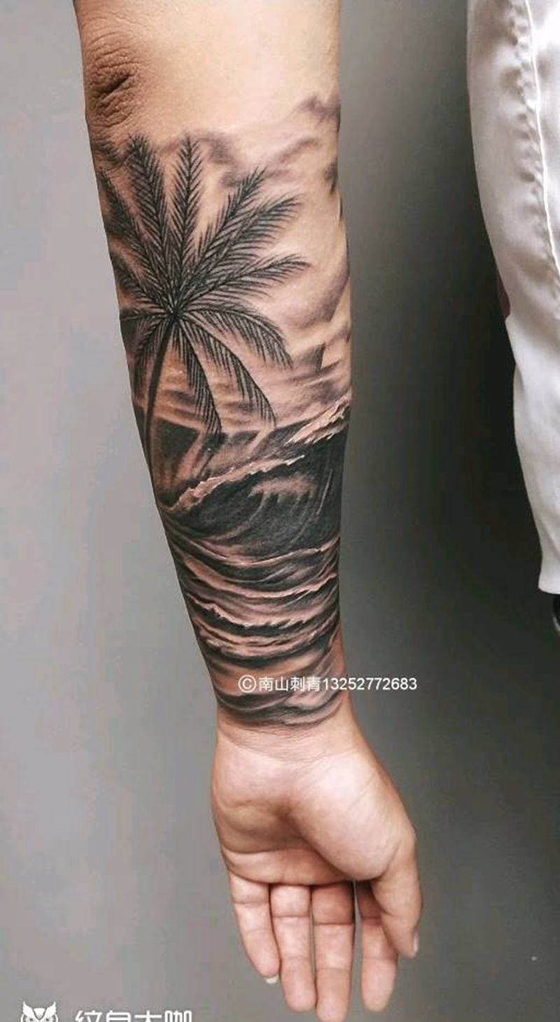 写实纹身图片_手臂腿部欧美写实几何海浪纹身图案