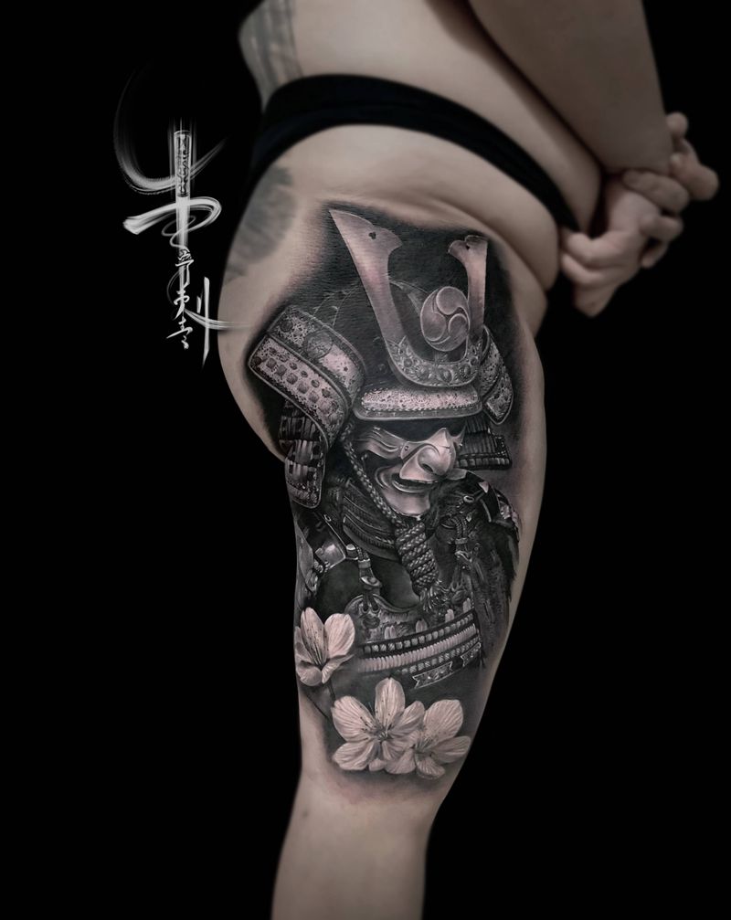 鬼武纹身图片_腿部欧美写实纹身图案