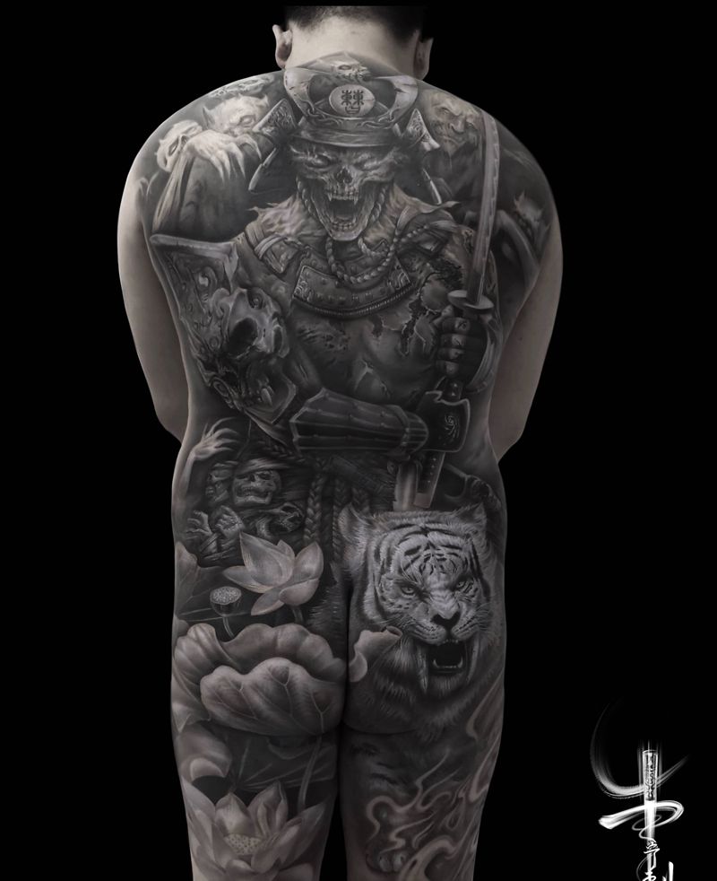 鬼武纹身图片_背部臀部欧美写实纹身图案