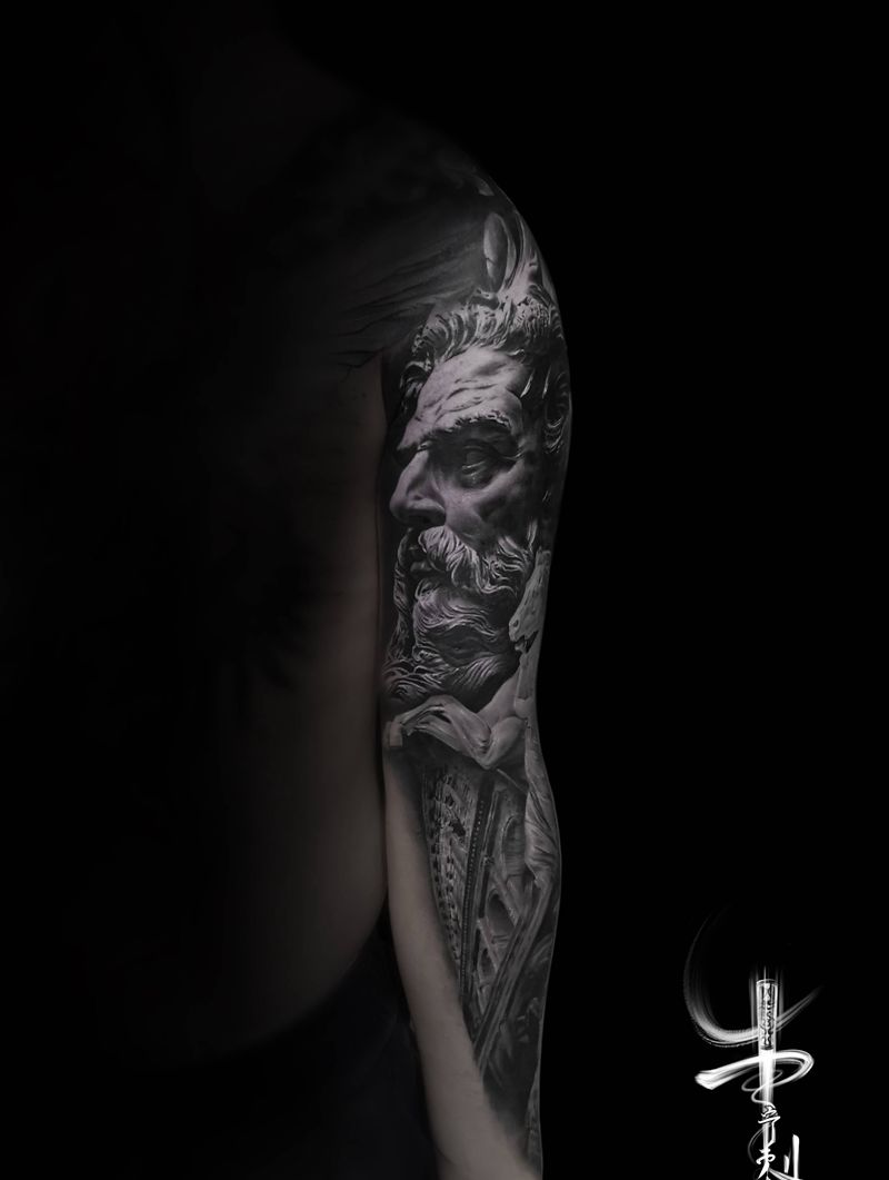 波塞冬纹身图片_手臂欧美写实纹身图案