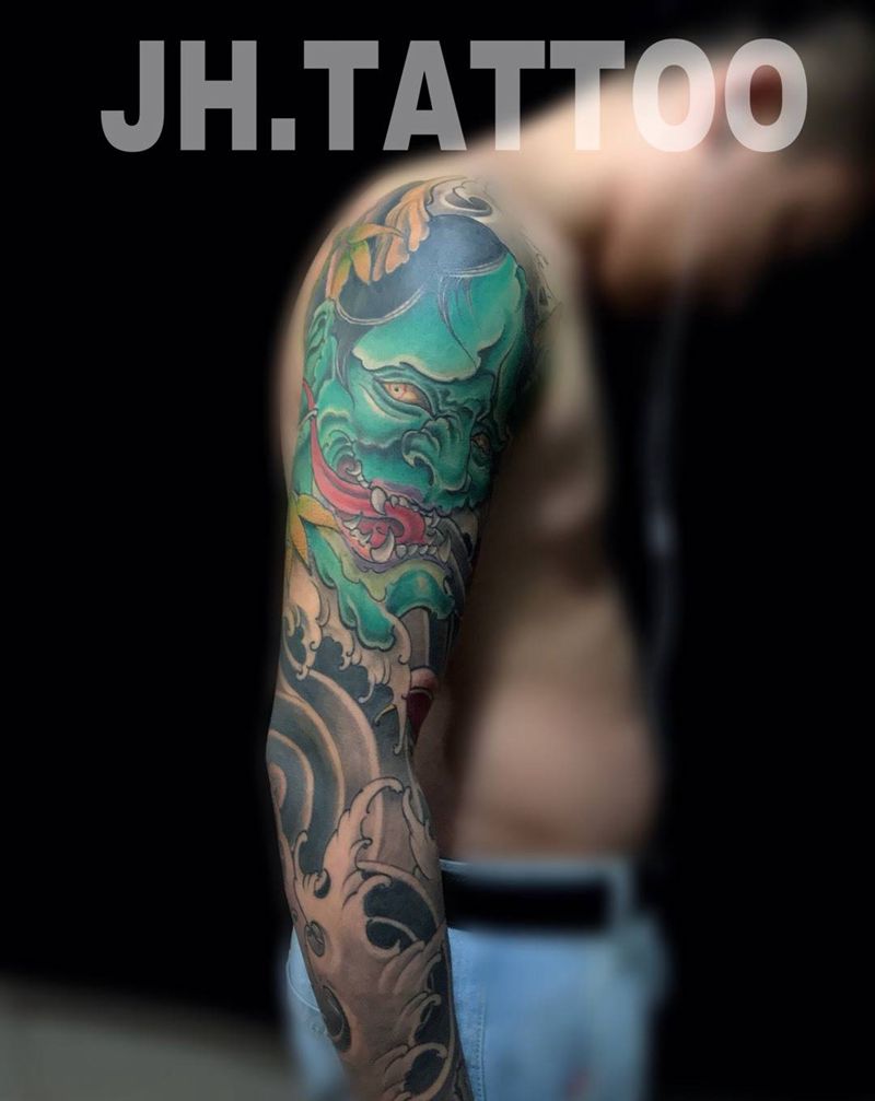 般若花臂纹身图片_成品手臂传统鬼神纹身图案