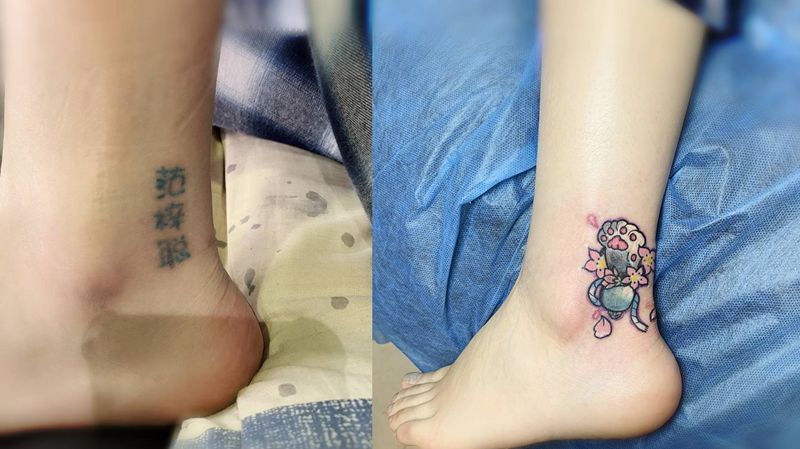 覆盖名字纹身图片_腿部水彩纹身图案