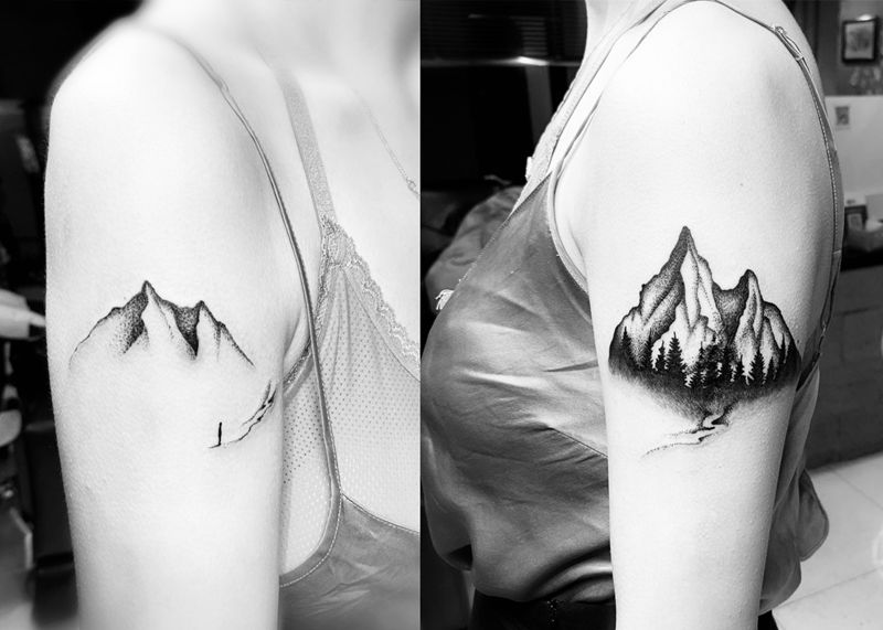 山纹身图片_肩部点刺纹身图案