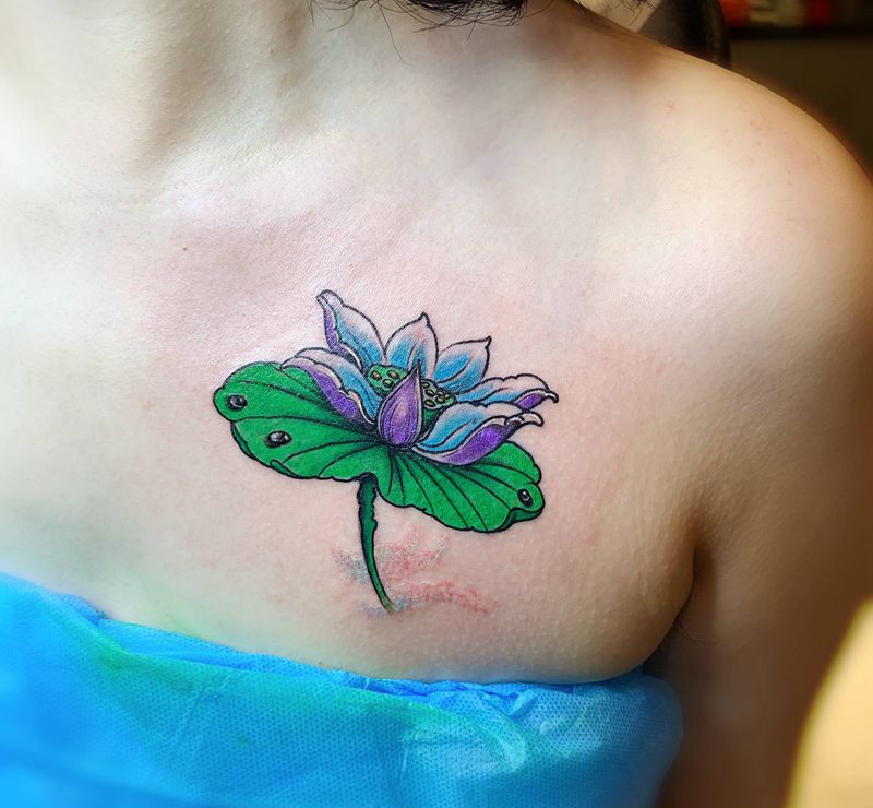 莲花纹身图片_肩部水彩纹身图案