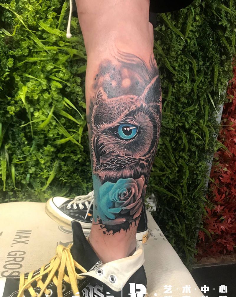 猫头鹰纹身图片_腿部欧美写实纹身图案