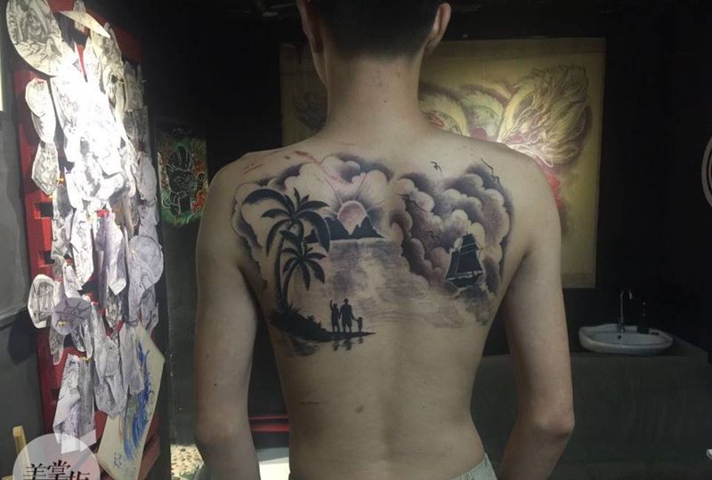 夕阳一家纹身图片