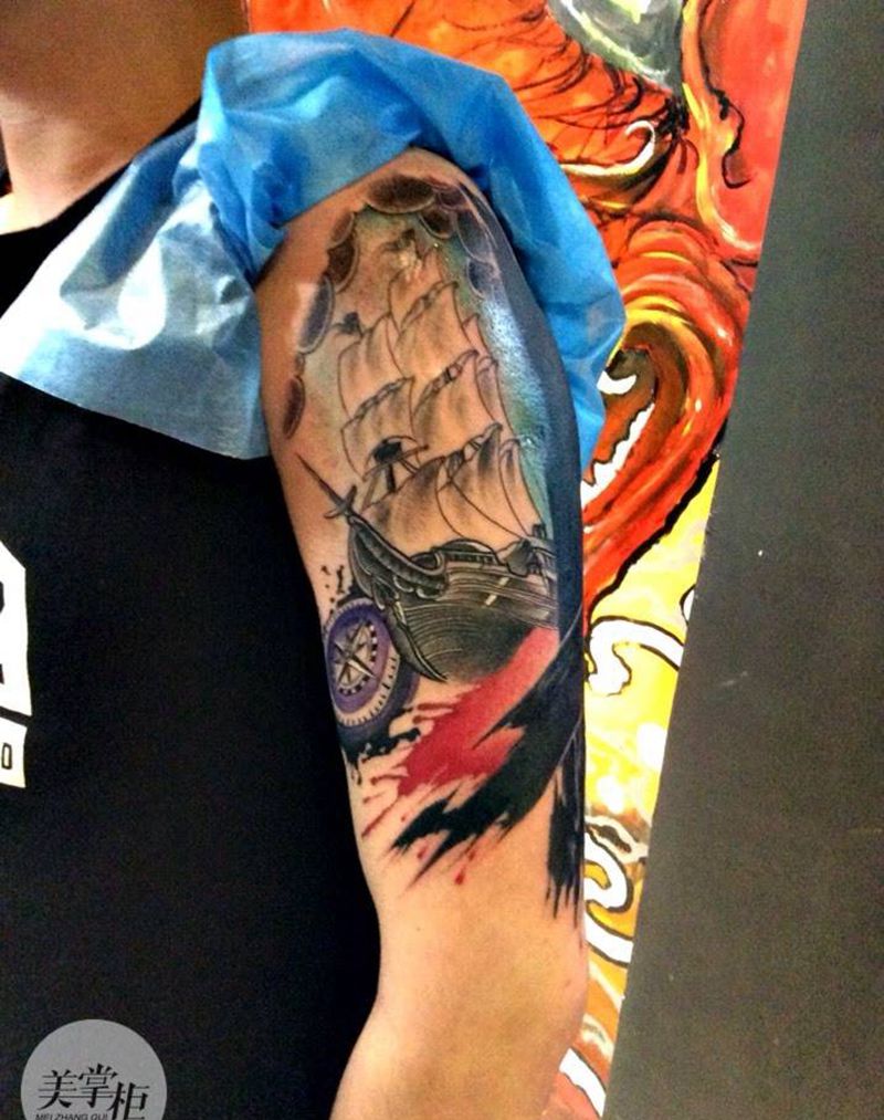 帆船+水彩纹身图片