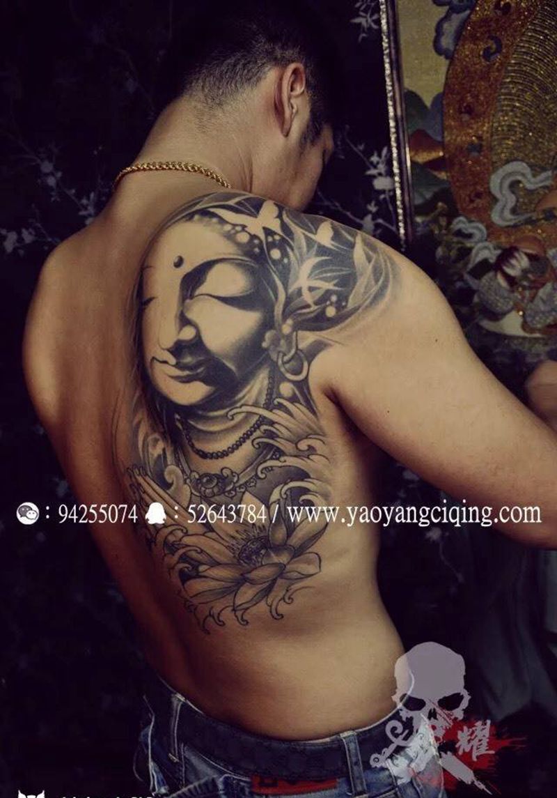 佛心纹身图片_肩部背部手稿成品肖像传统原创人物宗教满背纹身图案