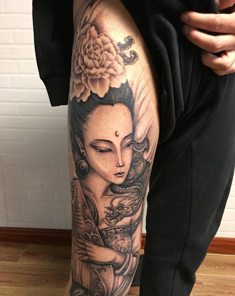 花腿纹身古风美女纹身图片_成品腿部传统肖像写实人物纹身图案