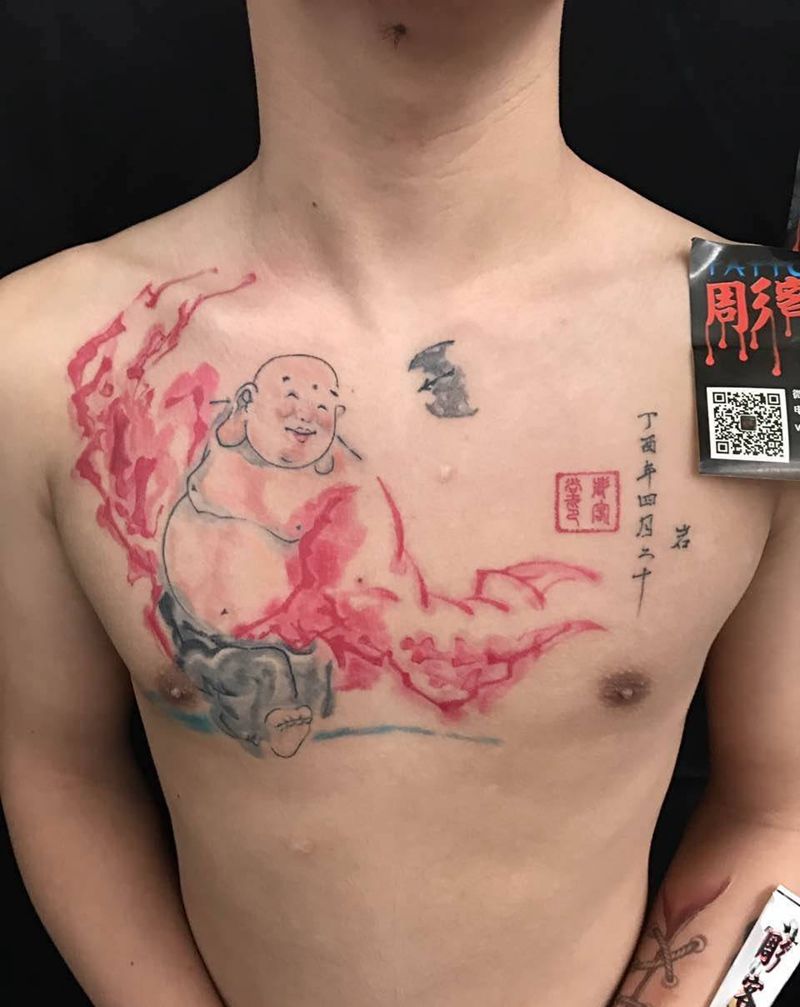 福在眼前纹身图片_成品原创国画胸部人物纹身图案