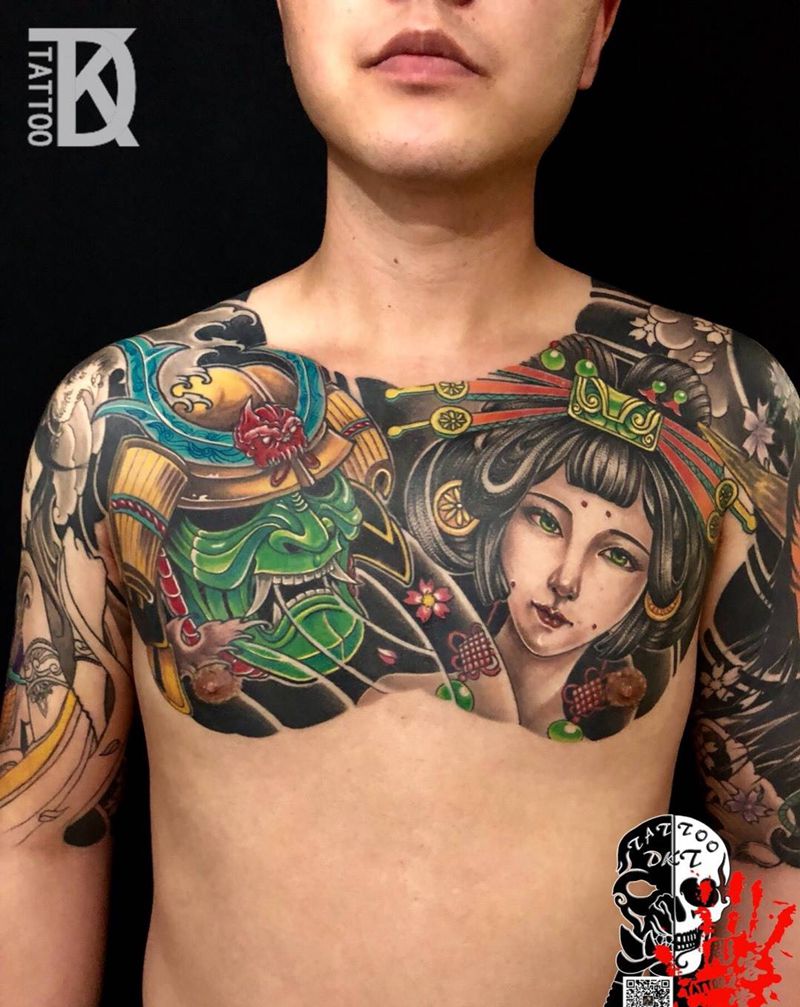 鬼武士 艺妓花胸纹身图片_成品胸部传统原创人物纹身图案