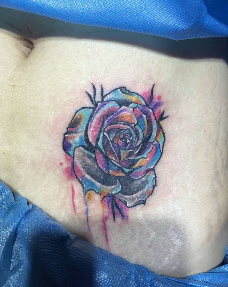 水彩玫瑰 遮盖胎记 前后对比纹身图片_成品清新腹部遮盖纹身图案