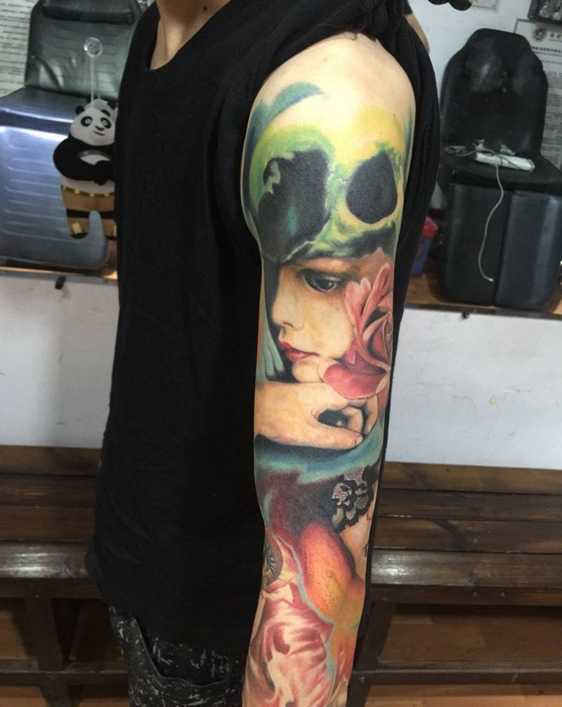 欧美彩色花臂纹身图片_成品手臂欧美写实原创人物纹身图案