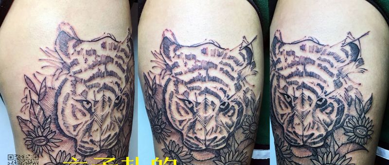 点刺老虎纹身图片_腿部欧美写实点刺纹身图案