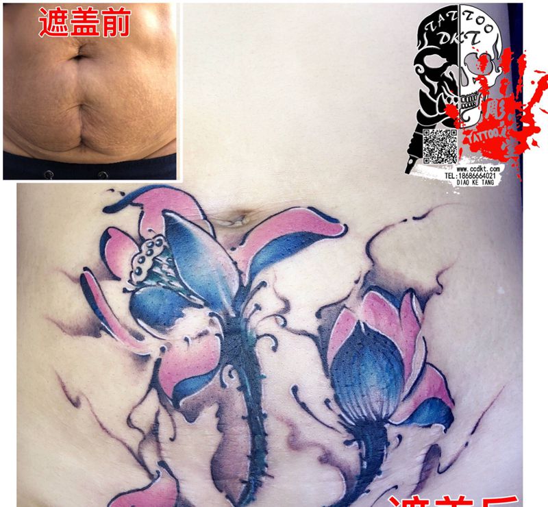 水墨荷花遮盖刨腹产疤痕纹身图片_腹部水墨纹身图案