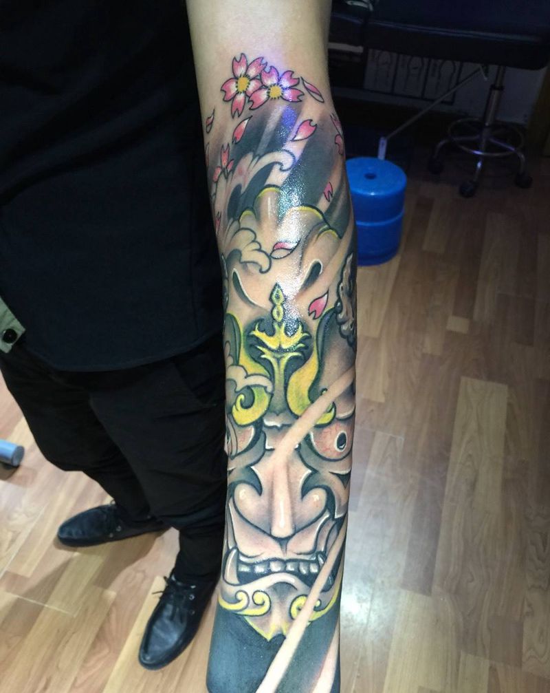 小臂般若修改前后对比纹身图片_成品手臂传统遮盖纹身图案