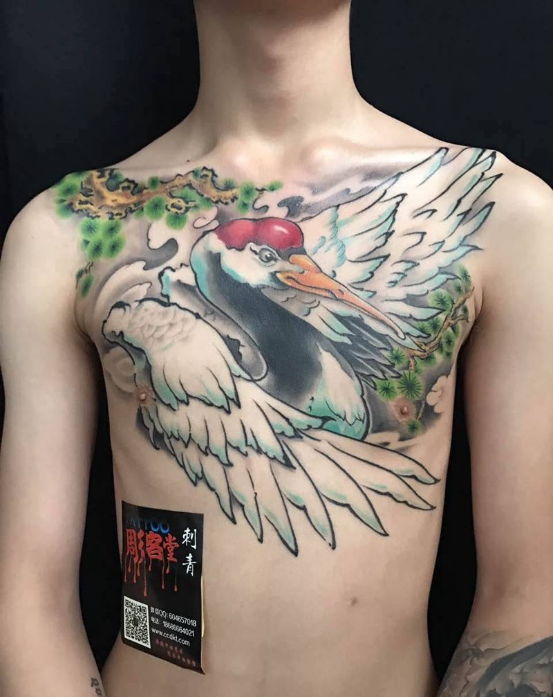 松鹤延年纹身图片_成品胸部传统国画动物植物纹身图案