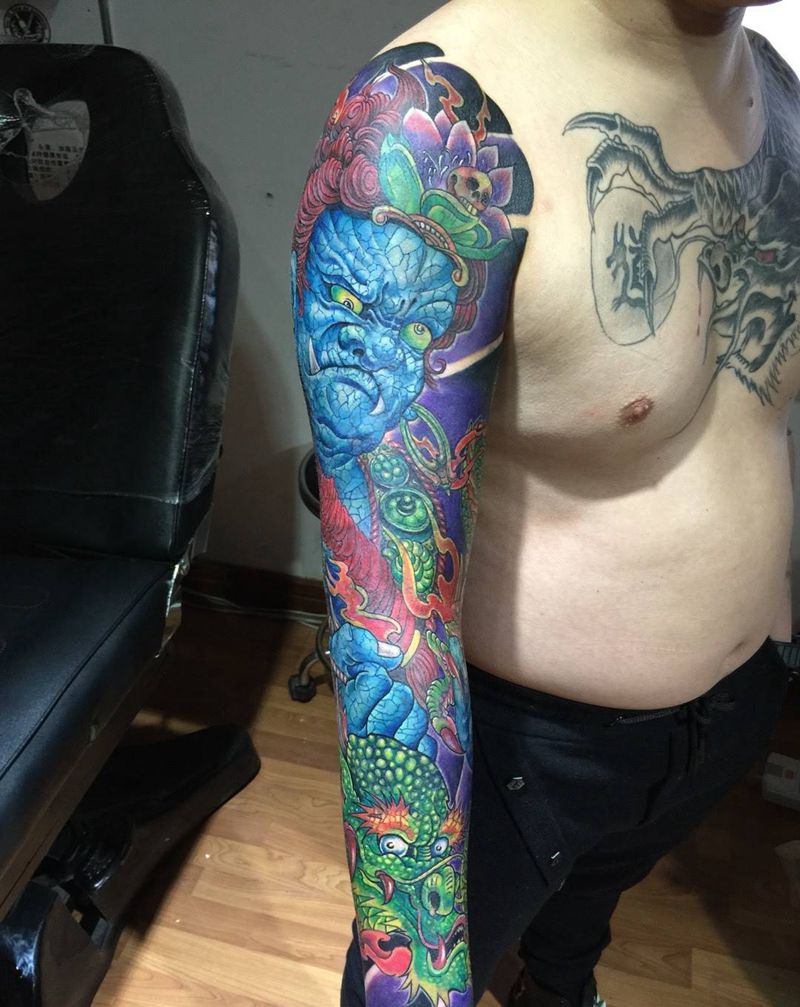 花臂整体遮盖前后对比纹身图片_成品遮盖原创传统人物动物纹身图案