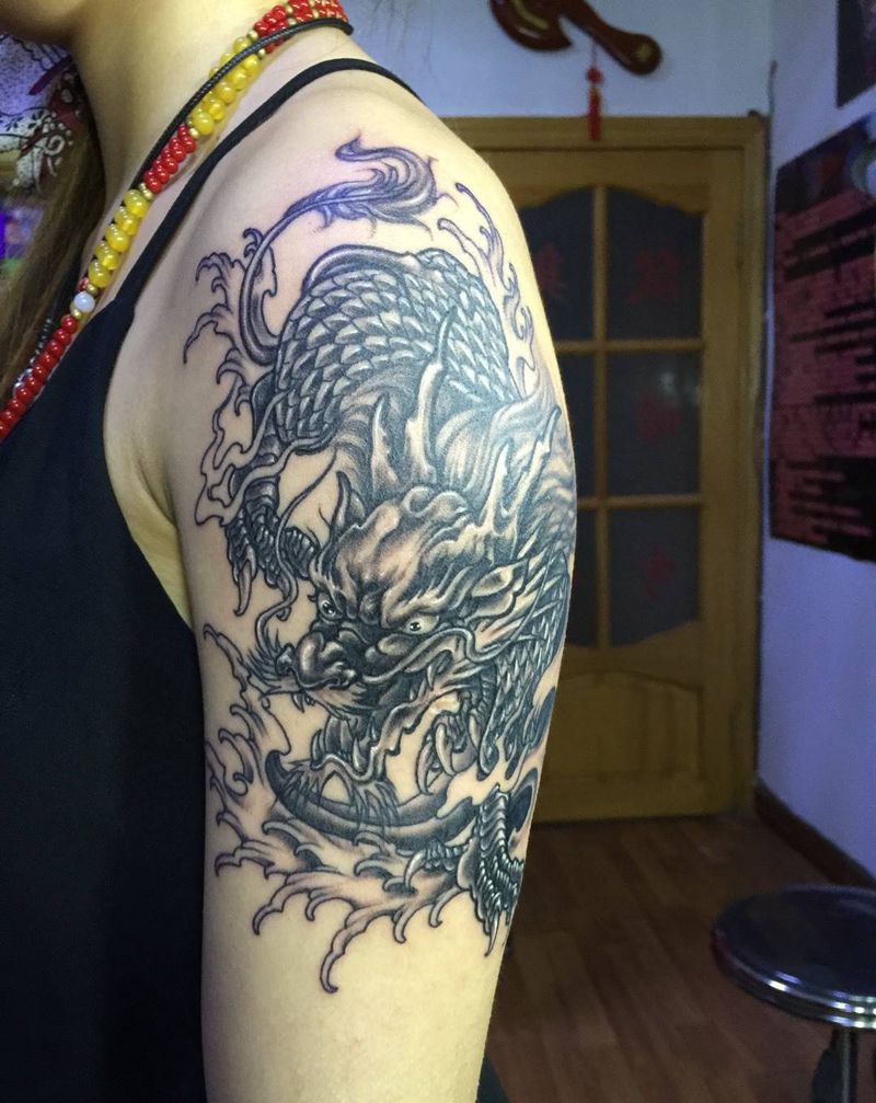 黑灰麒麟纹身图片_成品手臂传统动物纹身图案