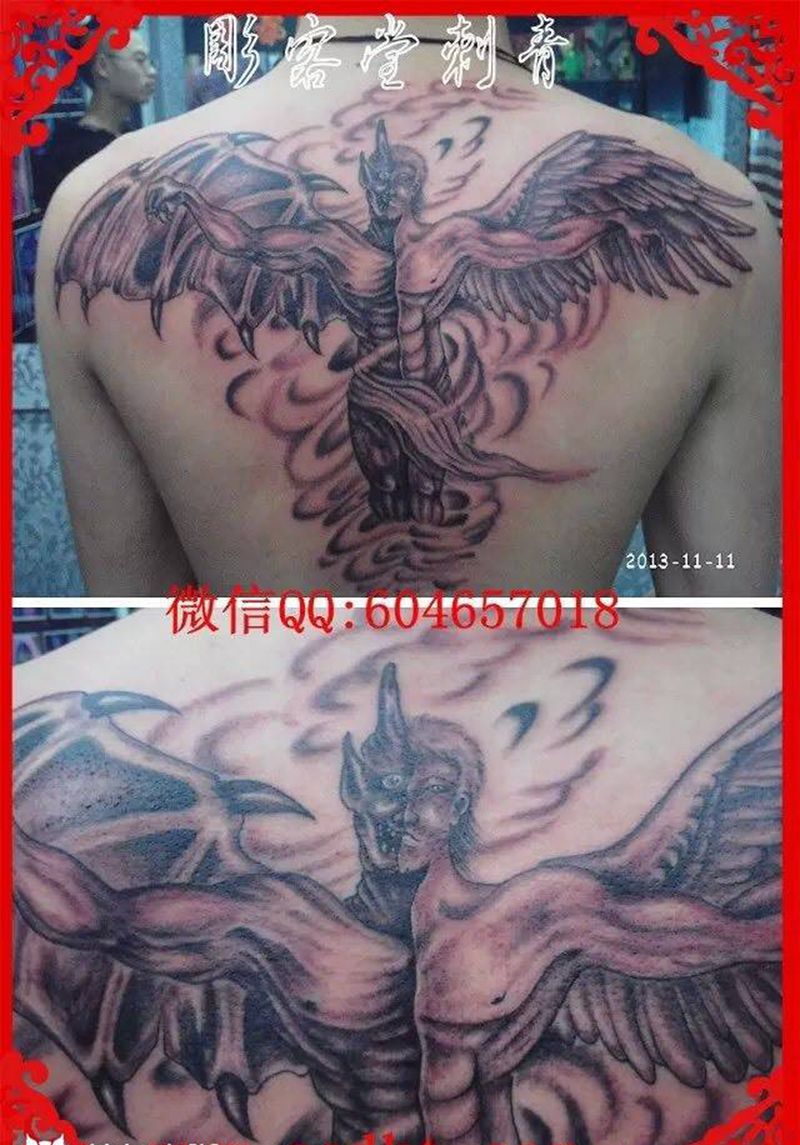 善恶天使纹身图片_背部传统人物纹身图案