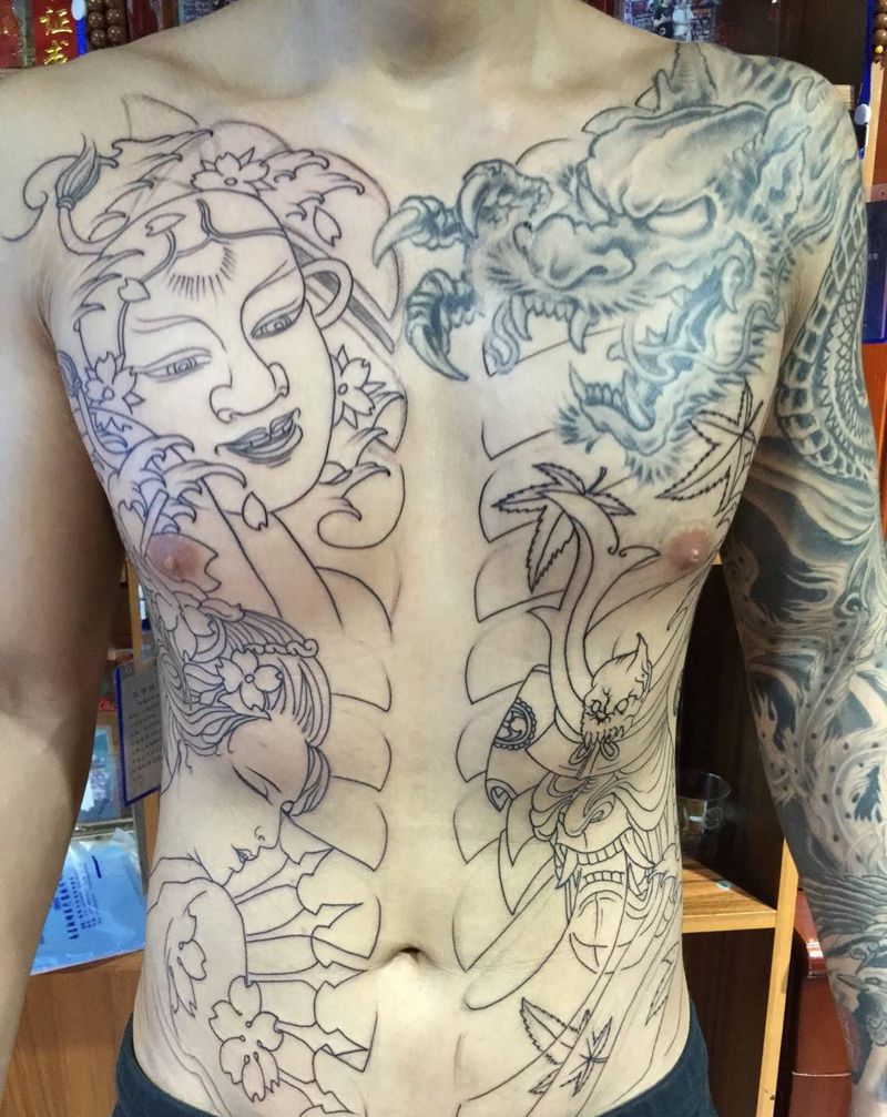 开衫线条部分  未完成待续纹身图片_胸部腹部传统人物纹身图案