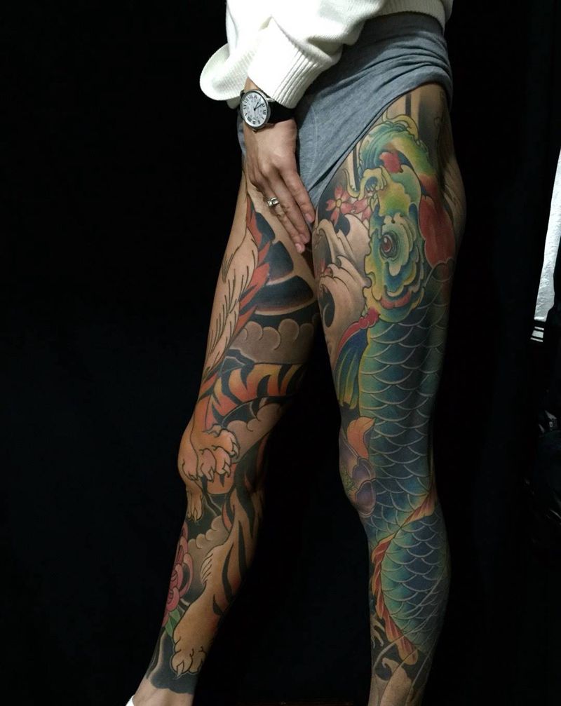 双花腿 未完成待续纹身图片_腿部传统动物原创纹身图案