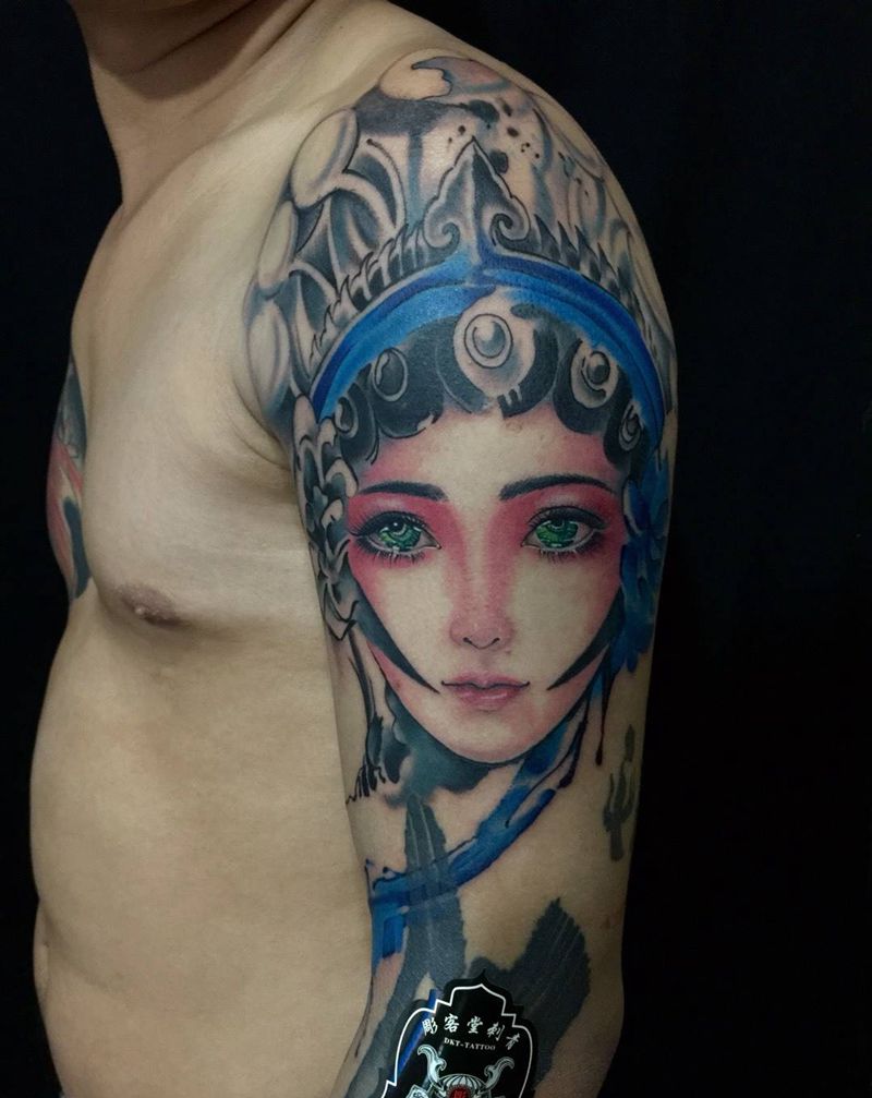 水墨花旦纹身图片_成品手臂国画人物原创纹身图案