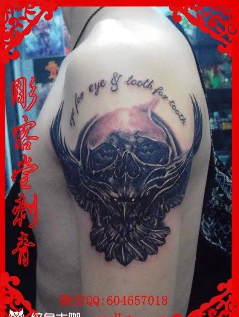 遮盖 乌鸦骷髅纹身图片_成品手臂传统动物鬼神纹身图案