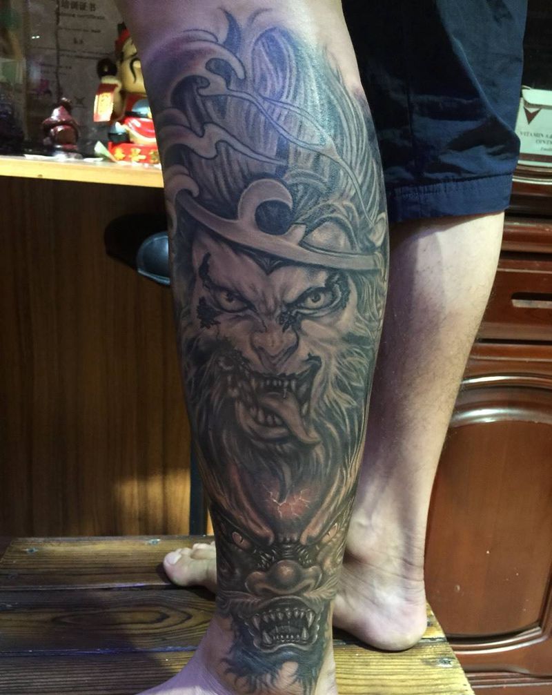 大圣归来纹身图片_腿部欧美写实原创成品纹身图案